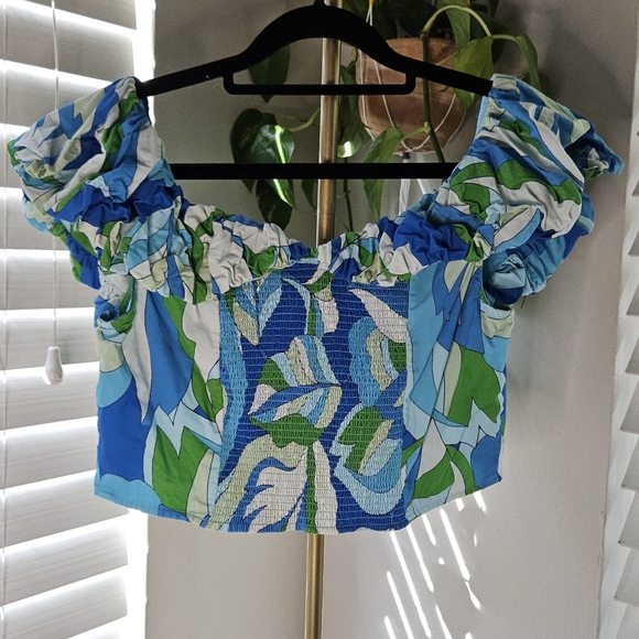 Maeve By Anthropologie Blue and Green Leaf Print Crop Top - Picture 3 of 7
